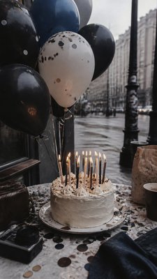 a birthday cake with lit candles surrounded by balloons and confetti, festive vertical composition, no text