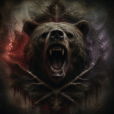 a roaring bear head above crossed pine branches, bold graphic composition on a plain background, no text