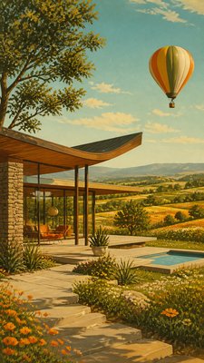 a hot air balloon drifting over rolling flower fields on a sunny day, cheerful, no text