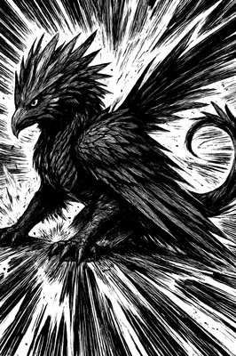 a black and white drawing of a bird