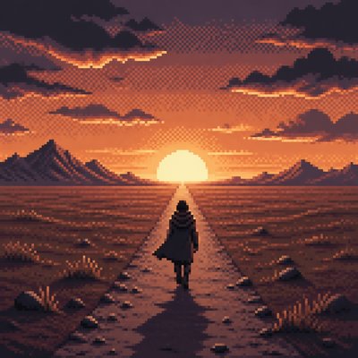 a solitary figure walking toward a glowing horizon across an empty plain, moody atmosphere, no text or lettering