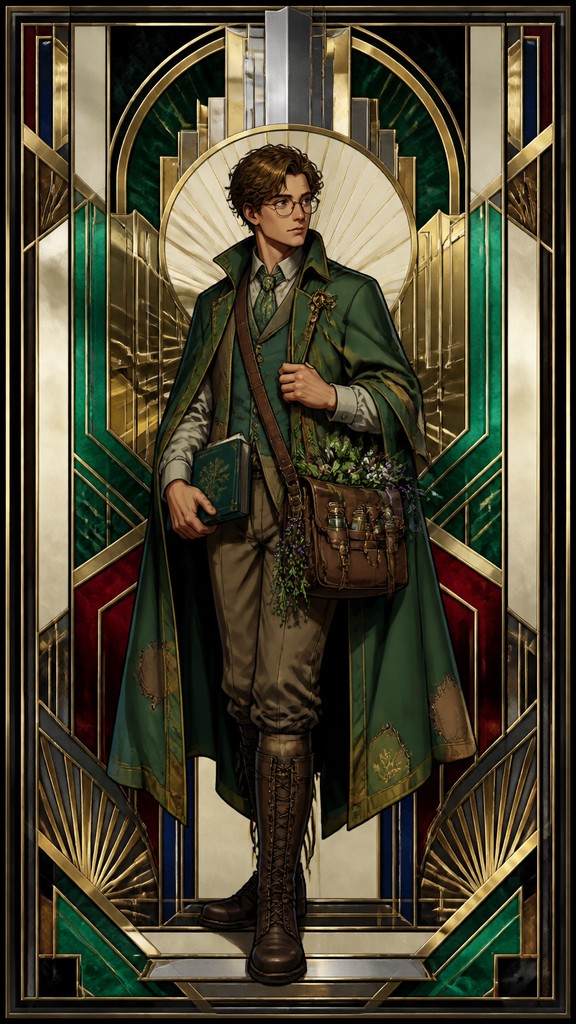 full-body original character: a wandering botanist with a satchel of plants, a patched green cloak, tall boots and round glasses, neutral background