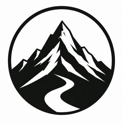 an emblem of a mountain peak inside a circle, simple bold shapes on a plain background, no text or lettering