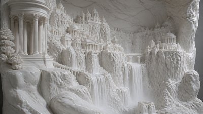a cliffside city with waterfalls cascading into a misty canyon, wide establishing shot, no people, no text