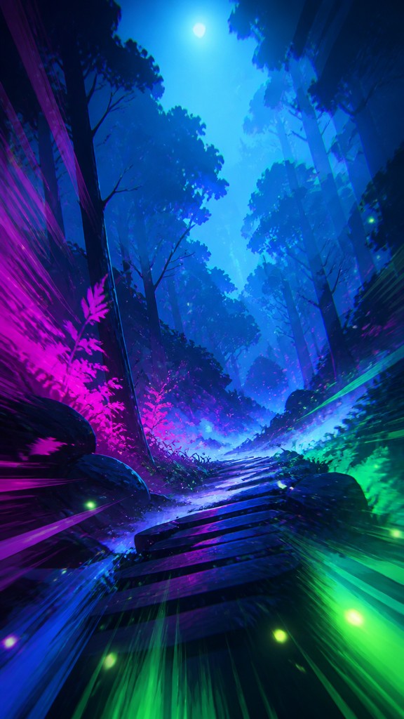a mysterious forest path with fireflies and drifting mist, atmospheric vertical composition with open space at the top, no text
