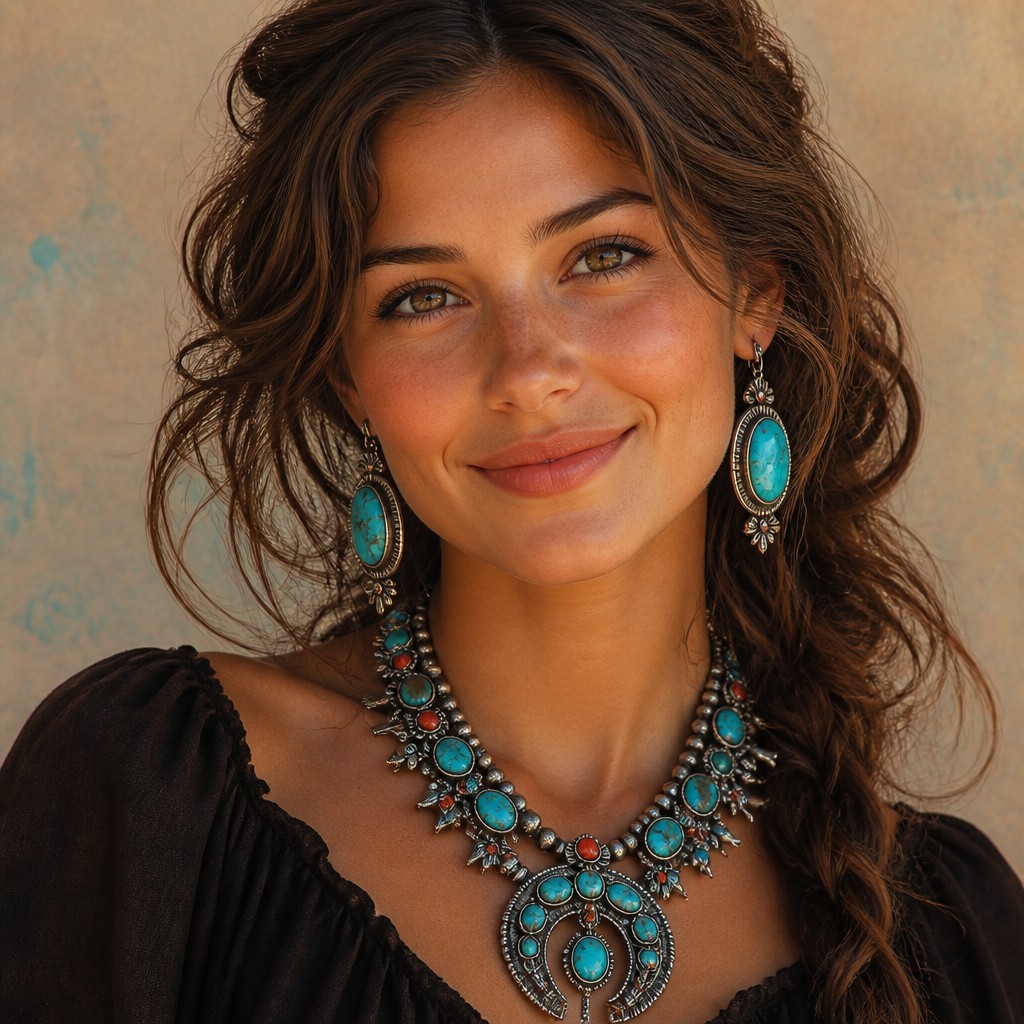 head-and-shoulders portrait of an original character: a young woman with wavy chestnut hair and a warm smile, plain soft backdrop