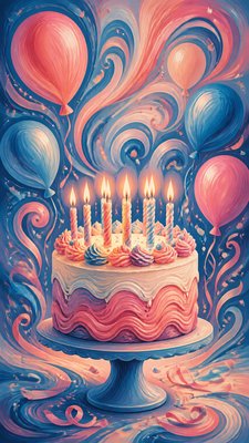 a birthday cake with lit candles surrounded by balloons and confetti, festive vertical composition, no text