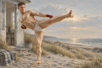 a painting of a man doing a yoga pose on the beach