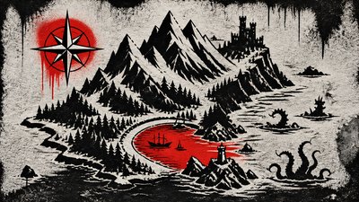 a map of an island realm with mountains, forests, a sheltered bay, sea monsters in the water and a compass rose, no text labels