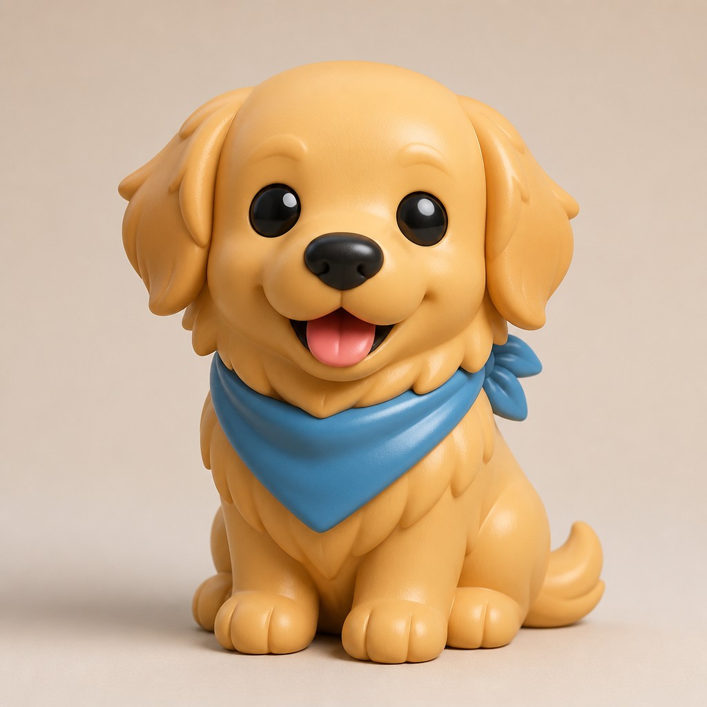 portrait of a golden retriever wearing a blue bandana, warm plain backdrop, no text