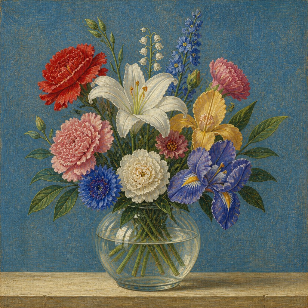 bouquet of flowers in a glass vase — Egg Tempera Painting Style
