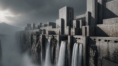 a cliffside city with waterfalls cascading into a misty canyon, wide establishing shot, no people, no text