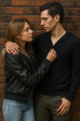 a man and a woman standing next to a brick wall