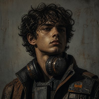 head-and-shoulders portrait of an original character: a young man with curly dark hair and headphones around his neck, plain backdrop, no text