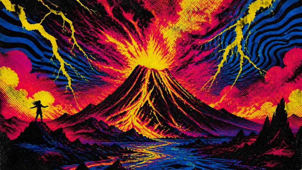 an erupting volcano with lightning strikes, dramatic wide composition, no text