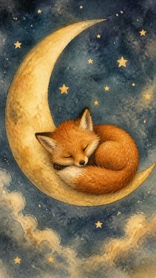 a sleeping baby fox curled on a crescent moon among soft stars, gentle and warm, no text