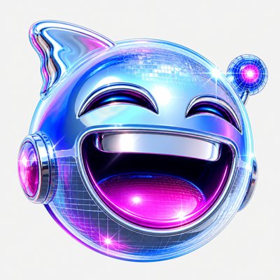 an exaggerated laughing face of an original round mascot character, bold and readable at small size, plain background, no text