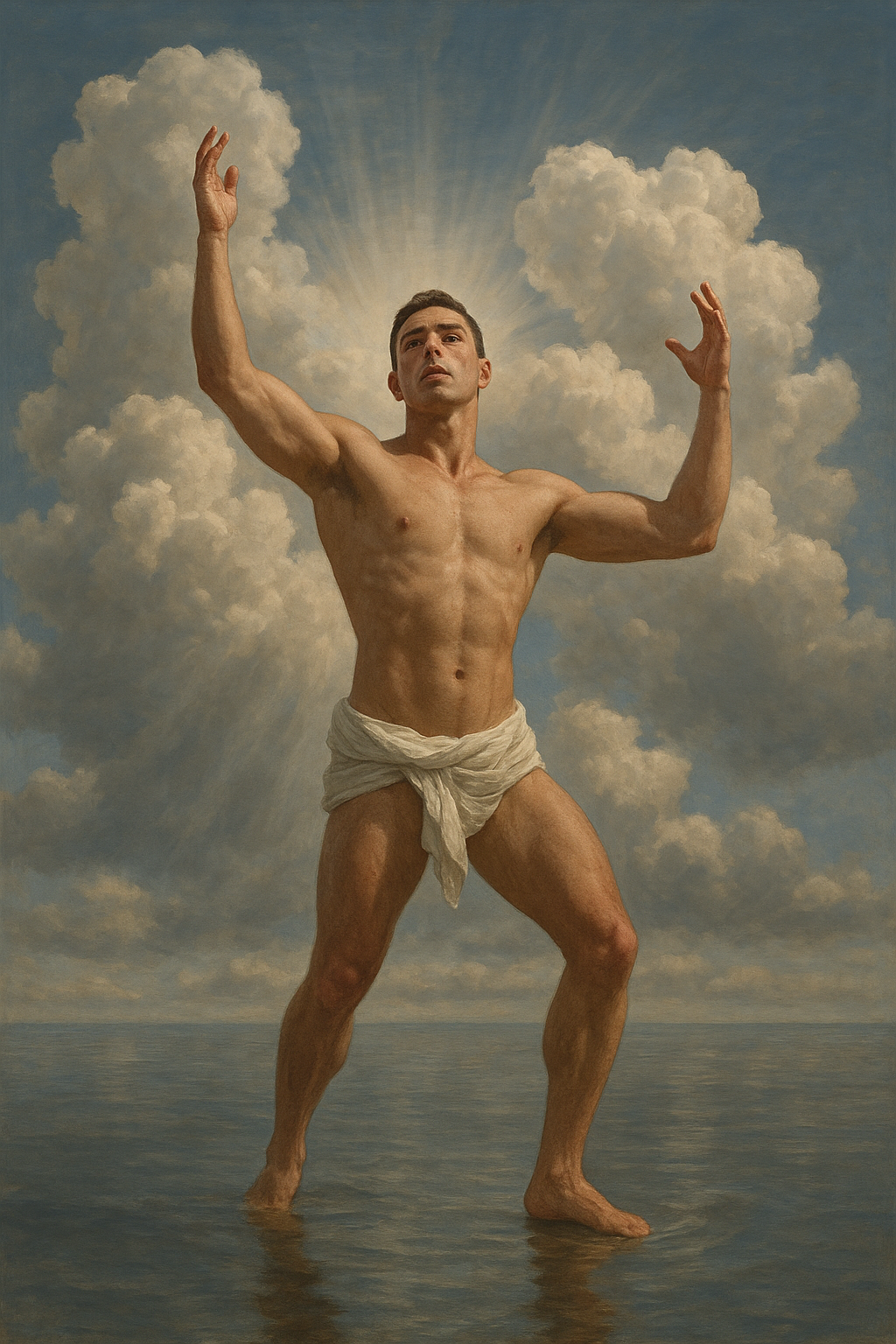 a painting of a man standing in the water