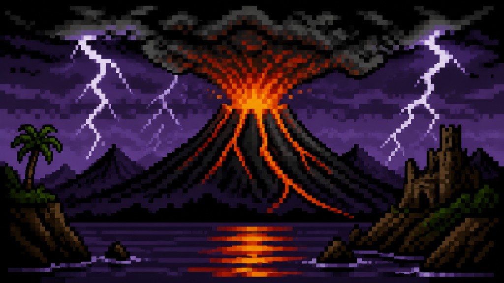 an erupting volcano with lightning strikes, dramatic wide composition, no text