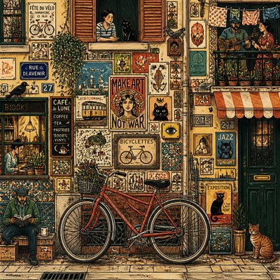 bicyle resting against a wall — Maximal Variety Art Style