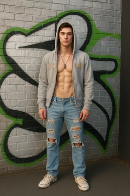 a man standing in front of a graffiti wall