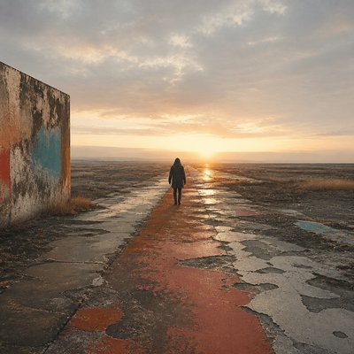 a solitary figure walking toward a glowing horizon across an empty plain, moody atmosphere, no text or lettering