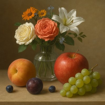 still life arrangement of fruits and flowers