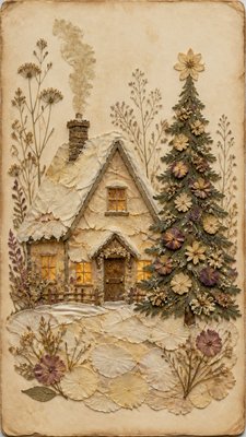 a snow-covered cottage with warm glowing windows beside a decorated pine tree, gentle snowfall, no text