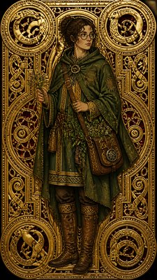 full-body original character: a wandering botanist with a satchel of plants, a patched green cloak, tall boots and round glasses, neutral background