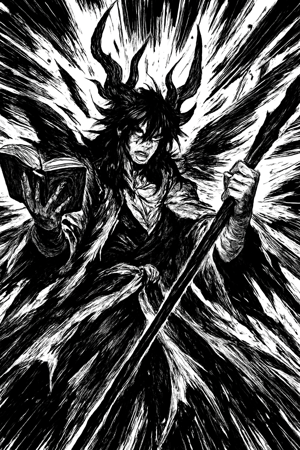 a black and white drawing of a demon holding a sword