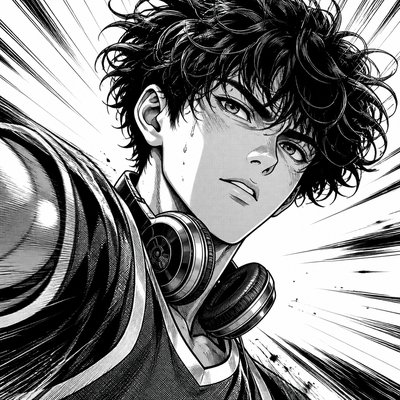 head-and-shoulders portrait of an original character: a young man with curly dark hair and headphones around his neck, plain backdrop, no text