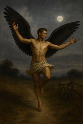 a painting of a man with wings in a field