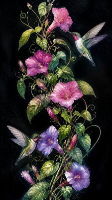 a climbing vine of flowers and hummingbirds on a dark background, tall wrapping composition, no text