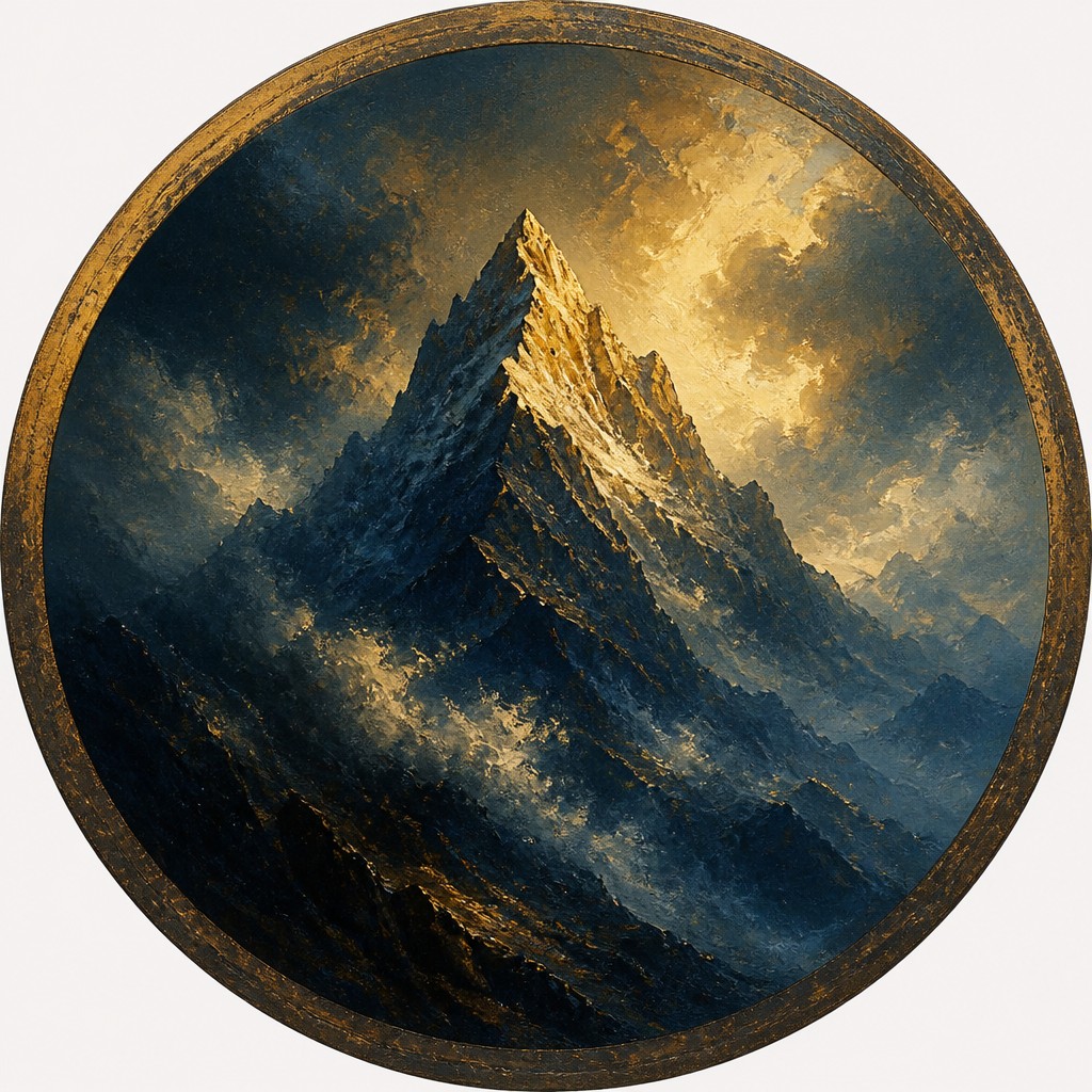 an emblem of a mountain peak inside a circle, simple bold shapes on a plain background, no text or lettering