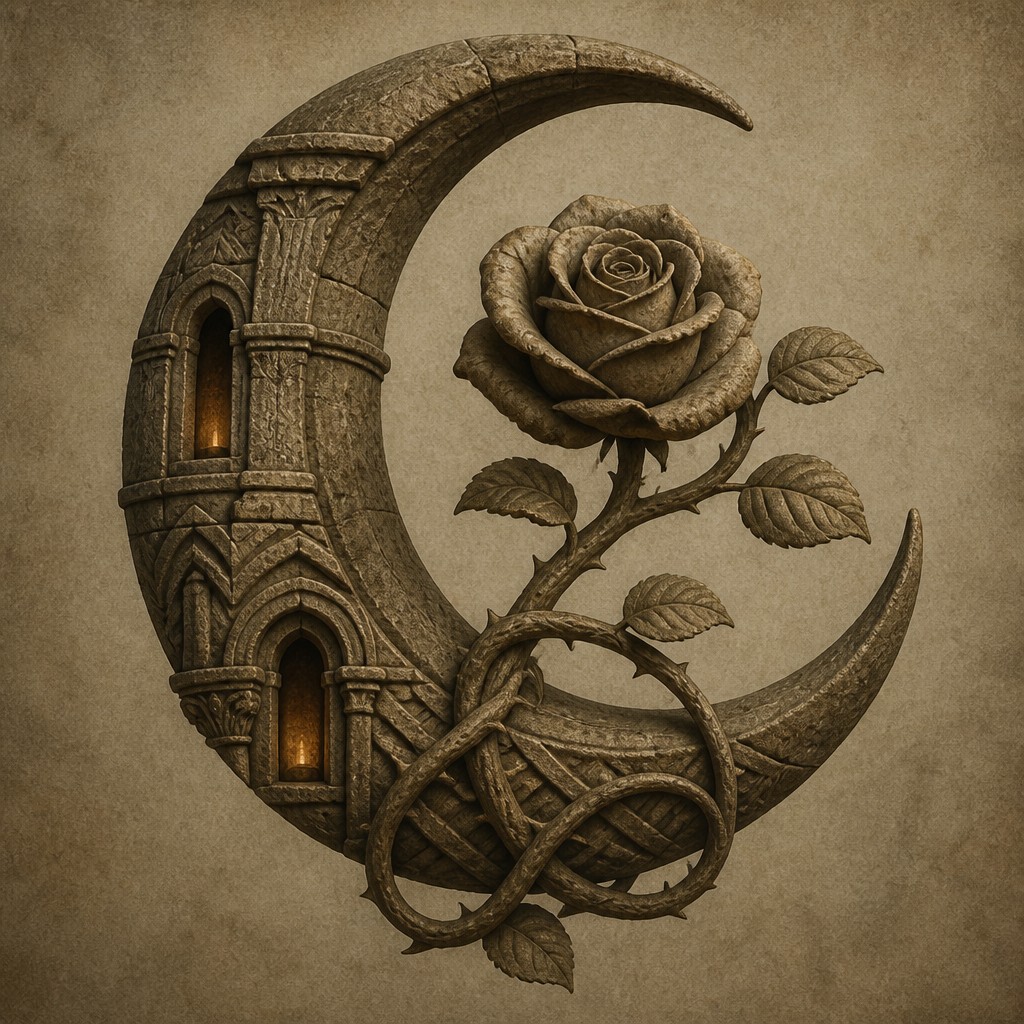 a rose entwined with a crescent moon, clean balanced composition on a plain background, no text