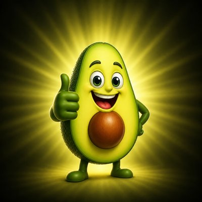 a happy avocado character giving a thumbs up, bold readable design on a plain background, no text