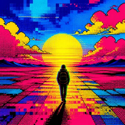 a solitary figure walking toward a glowing horizon across an empty plain, moody atmosphere, no text or lettering