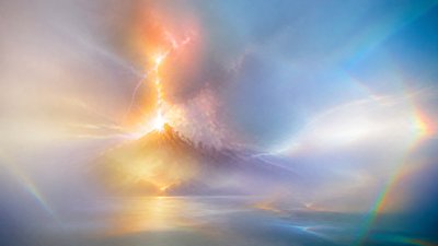 an erupting volcano with lightning strikes, dramatic wide composition, no text