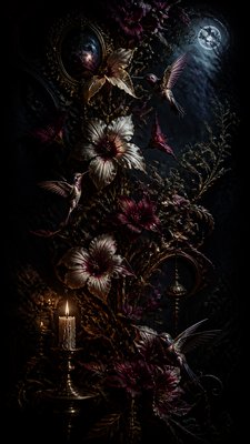 a climbing vine of flowers and hummingbirds on a dark background, tall wrapping composition, no text