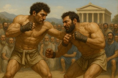 a painting of two men fighting each other