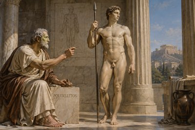 Polyclitus and ancient greek athlete holding a spear in contrapposto pose
