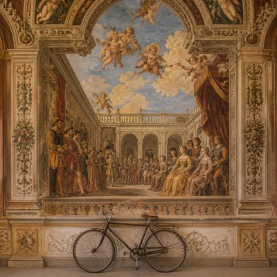bicyle resting against a wall
