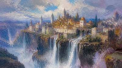a cliffside city with waterfalls cascading into a misty canyon, wide establishing shot, no people, no text