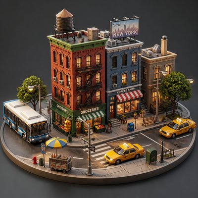 urban street with city activity — 3D Art Style
