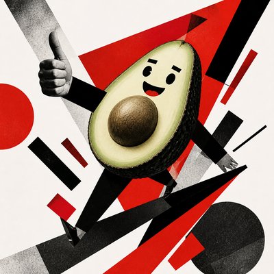 a happy avocado character giving a thumbs up, bold readable design on a plain background, no text