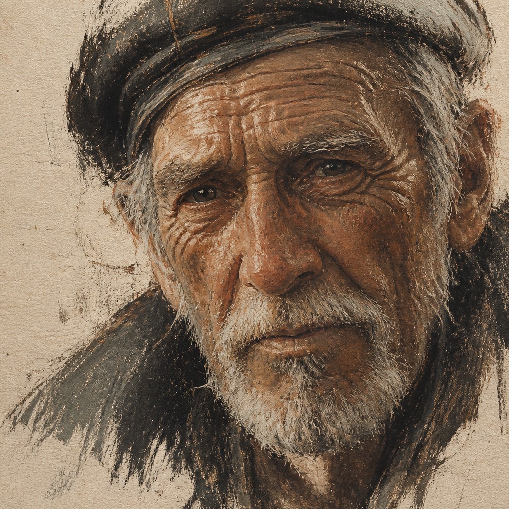 close-up portrait of an elderly person with expressive weathered features — Dry Brush Painting Style