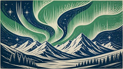 a flowing aurora over snowy peaks, wide sweeping composition, no people, no text
