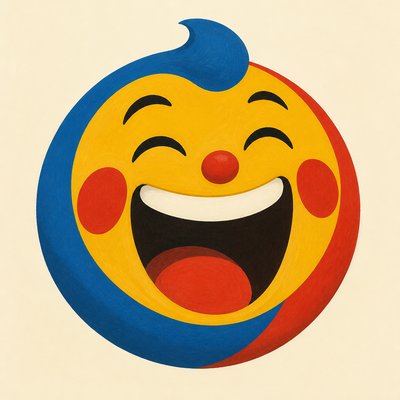 an exaggerated laughing face of an original round mascot character, bold and readable at small size, plain background, no text
