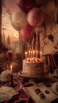 a birthday cake with lit candles surrounded by balloons and confetti, festive vertical composition, no text