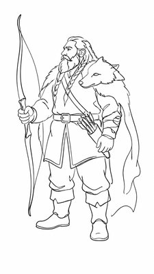 full-body original character: a dwarven ranger with a braided auburn beard, worn leather armor, a longbow and a wolf-pelt cloak, neutral background, no text